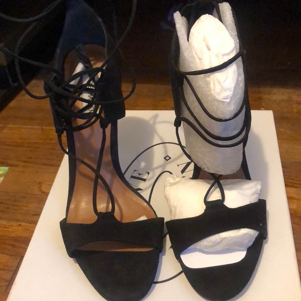 Black Sued Lace Up Open Toe Heels
